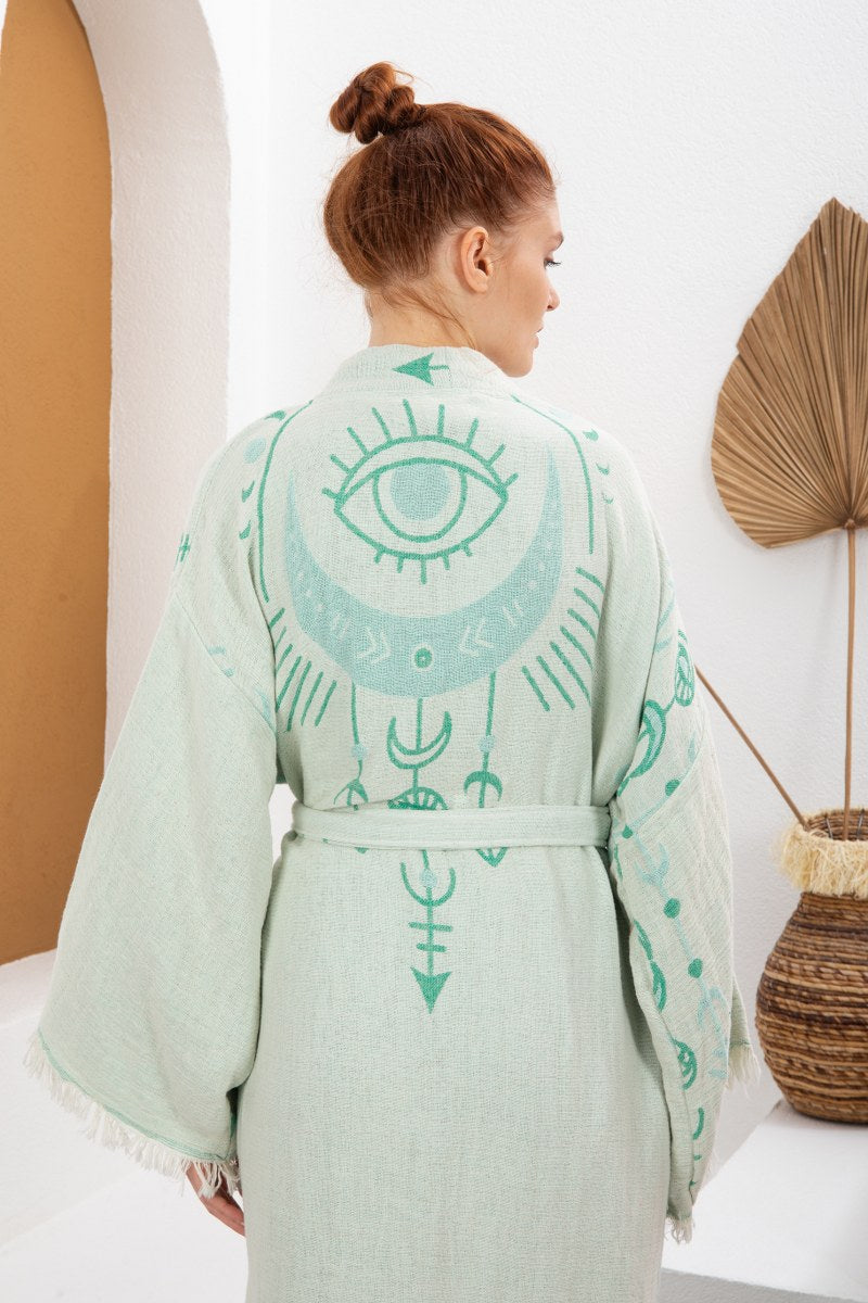 Soft Su Yeşili Bohem Kadın Göz Desenli Doğal Kumaş Kimono Bornoz Kaftan