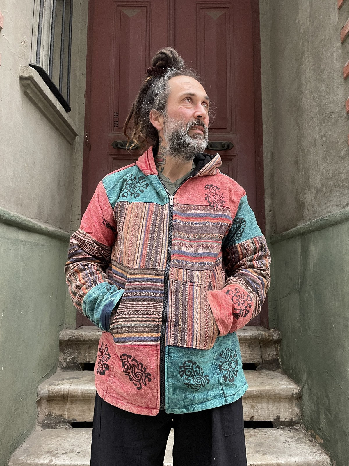 Unisex Nepal Baja Toprak Polarlı Kaban Mont Boho Yaşam