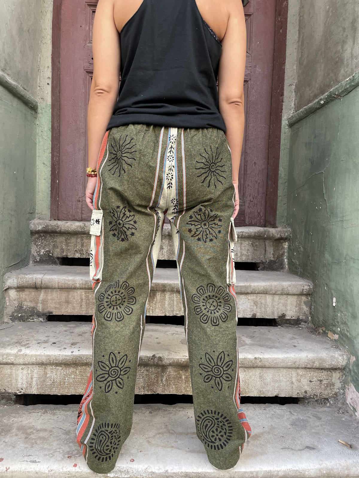 Unisex El Yapımı Nepal Kadın Baskılı Pamuk Pantolon – Haki