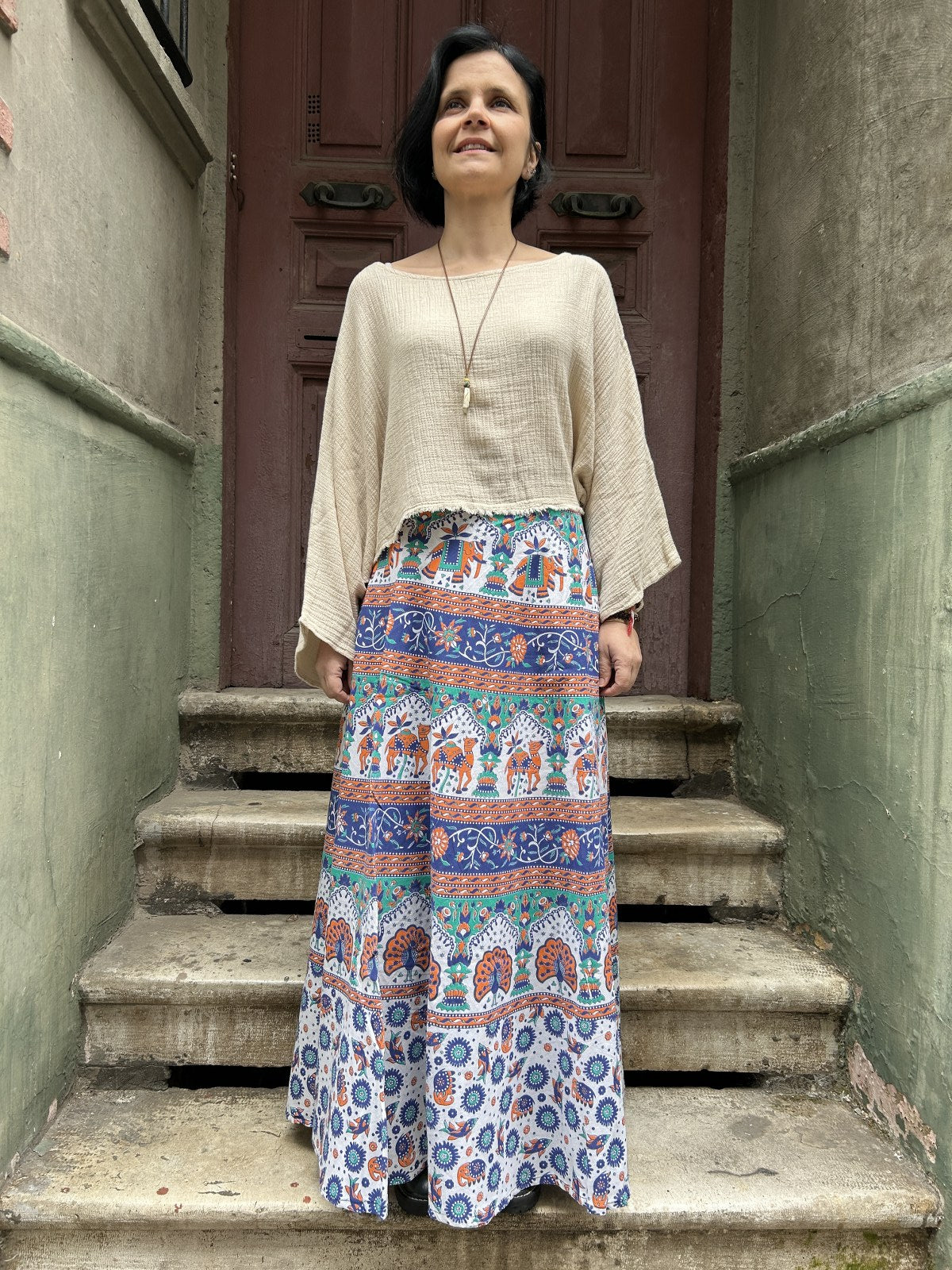 Nepal Siyah Fil Desenli Bağlamalı Etek