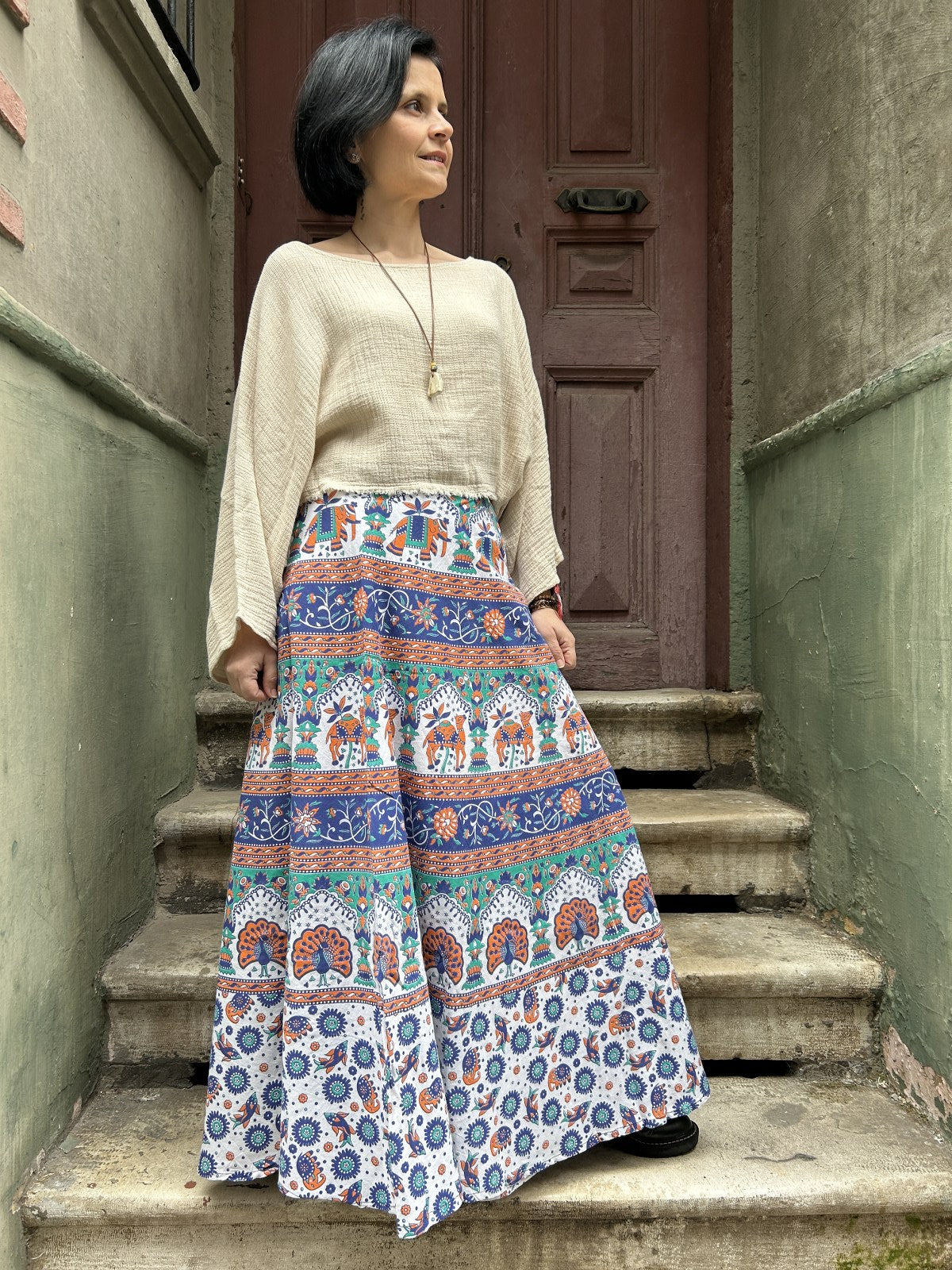 Nepal Siyah Fil Desenli Bağlamalı Etek