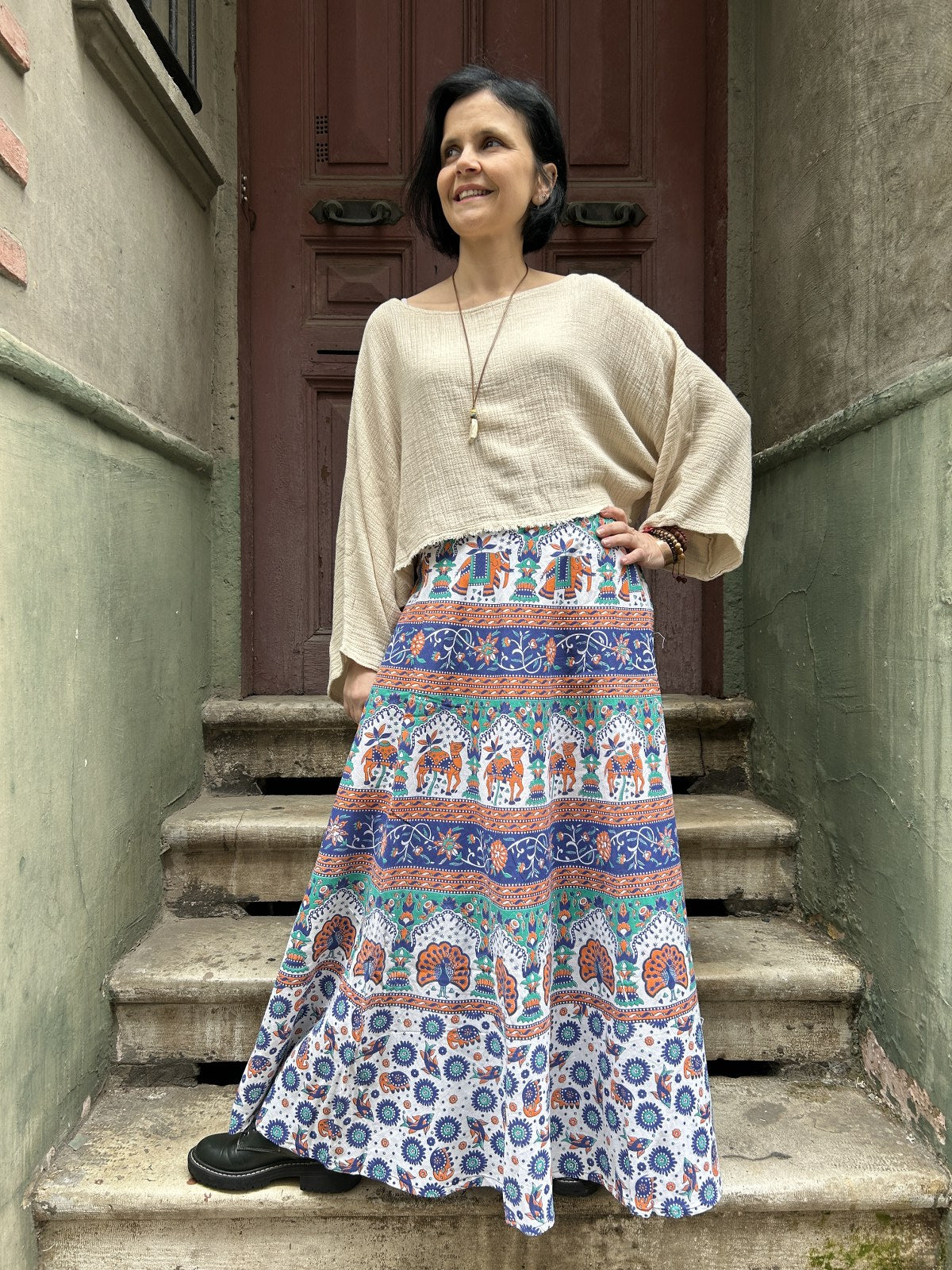 Nepal Siyah Fil Desenli Bağlamalı Etek