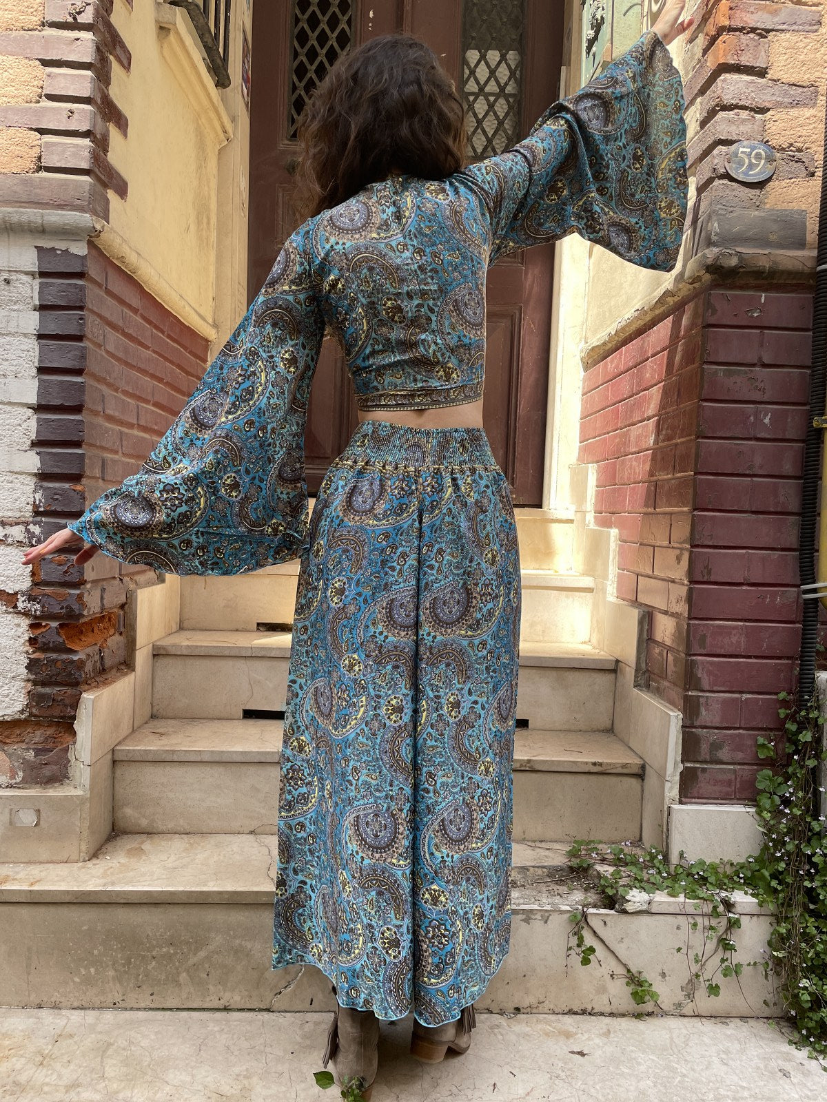 Bohem Nepal İpek Mavi Kahve Bolero Takımı