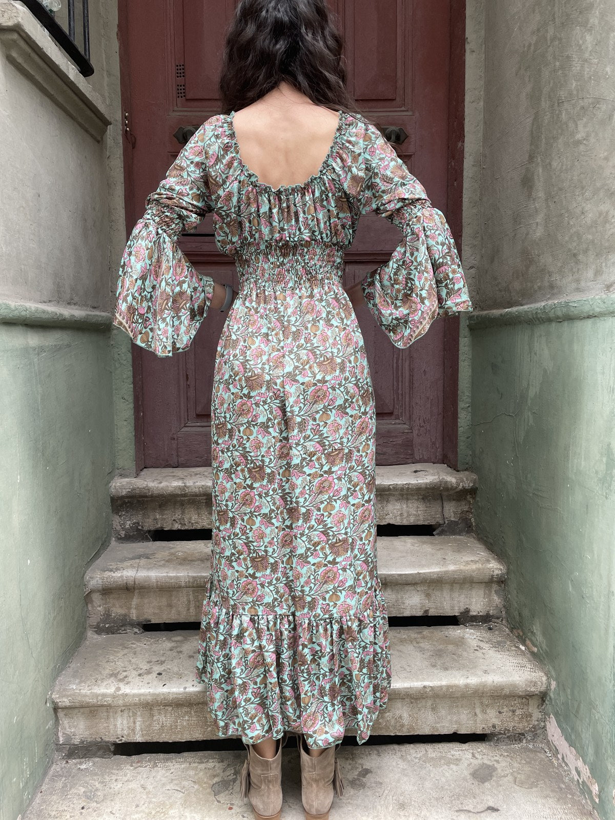 Bohem Nepal Uzun Kol Su Yeşili İpek Elbise