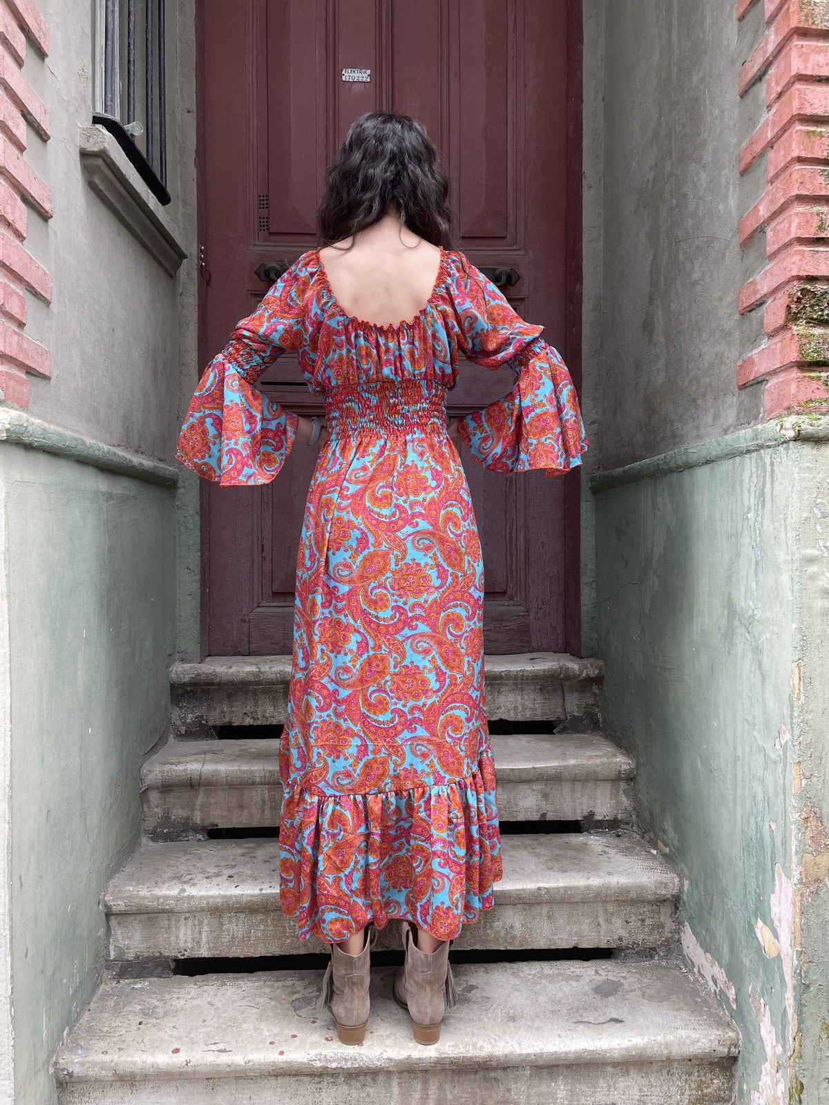 Bohem Nepal Uzun Kol Turuncu Mavi İpek Elbise