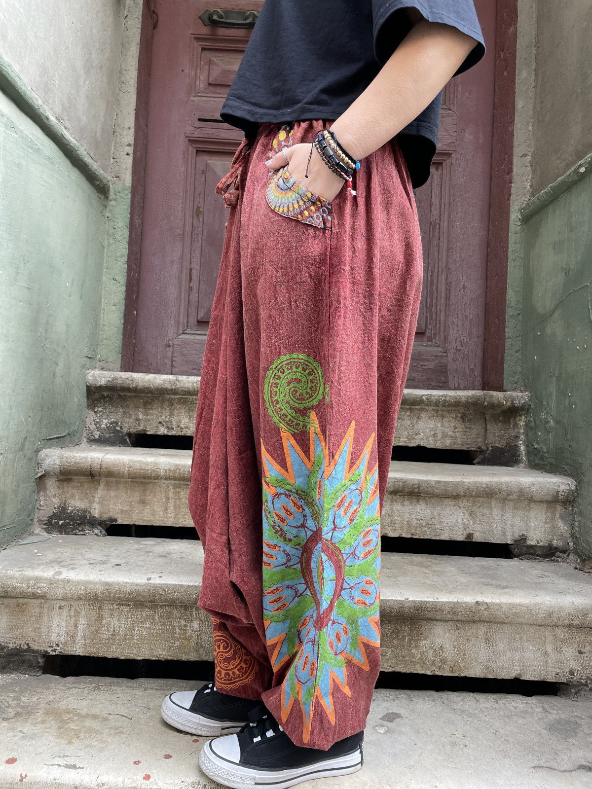 Unisex Nepal Kadın Mandala Desenli Şalvar Pantolon- Bordo