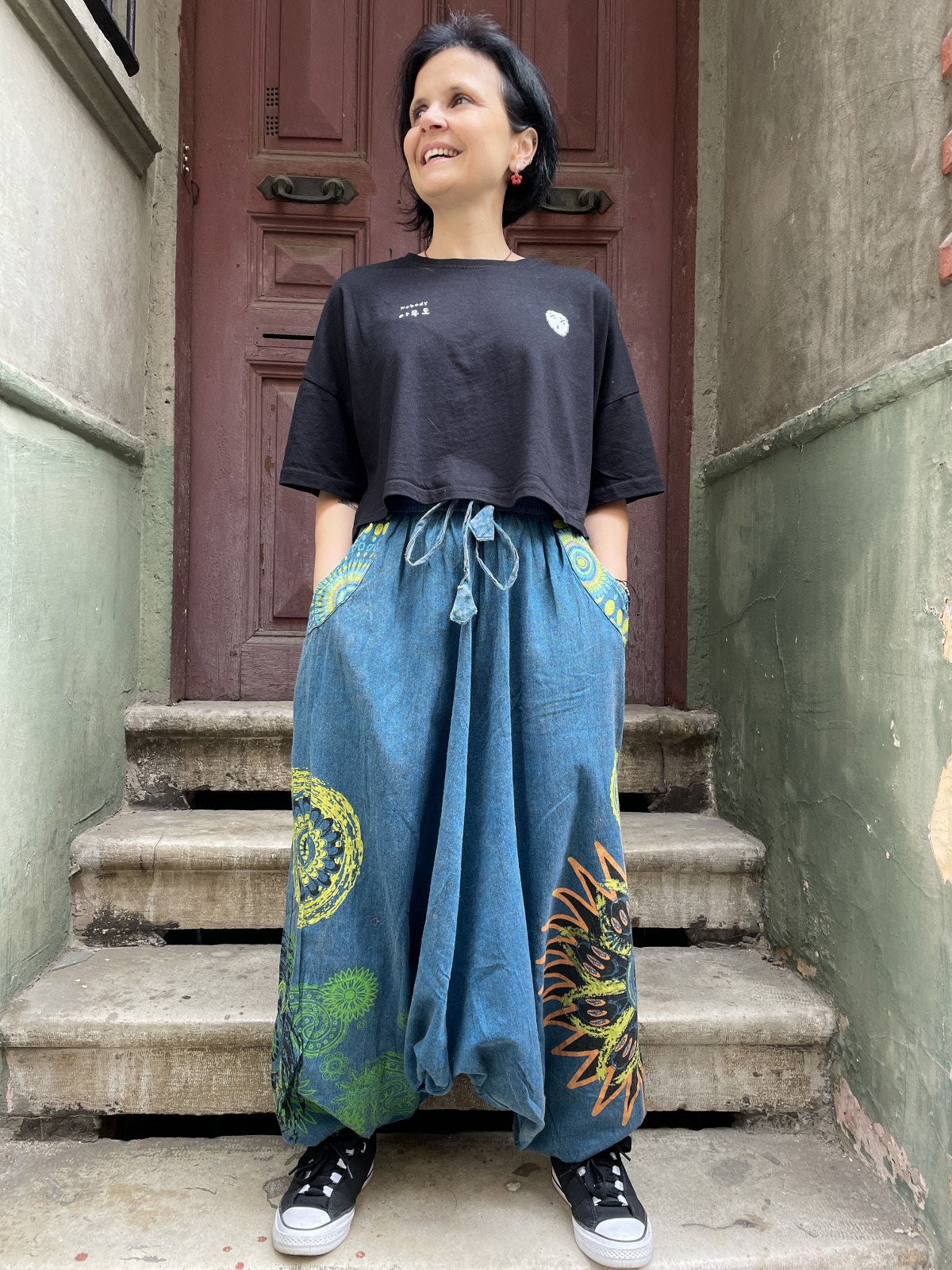 Unisex Nepal Kadın Mandala Desenli Şalvar Pantolon- Mavi