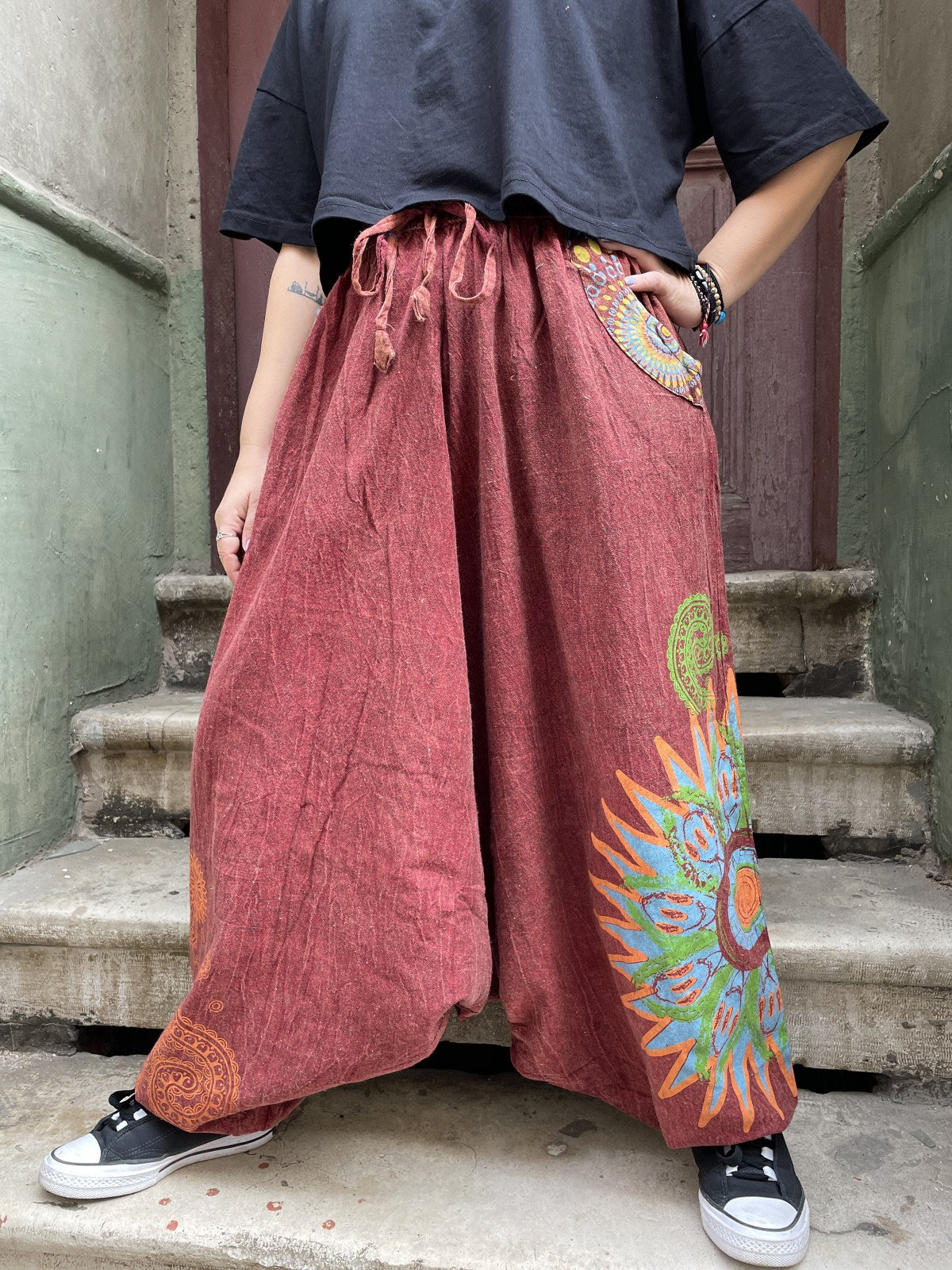 Unisex Nepal Kadın Mandala Desenli Şalvar Pantolon- Bordo