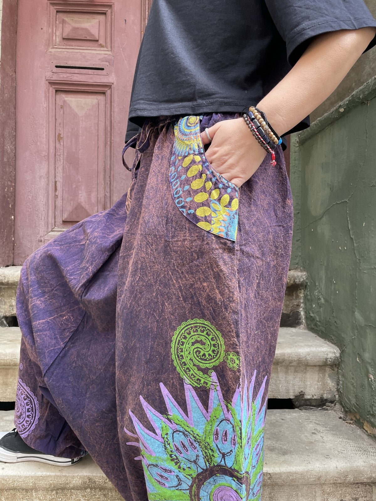 Unisex Nepal Kadın Mandala Desenli Şalvar Pantolon- Mor