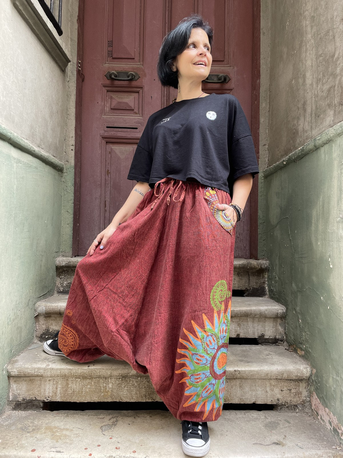 Unisex Nepal Kadın Mandala Desenli Şalvar Pantolon- Bordo