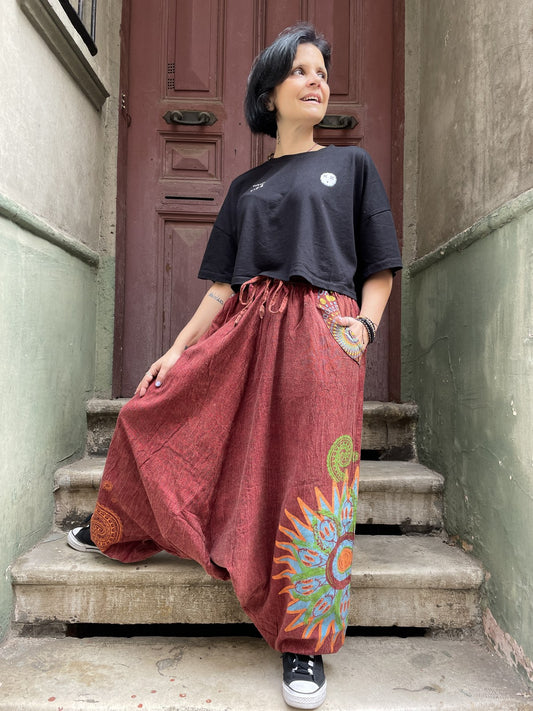 Unisex Nepal Kadın Mandala Desenli Şalvar Pantolon- Bordo