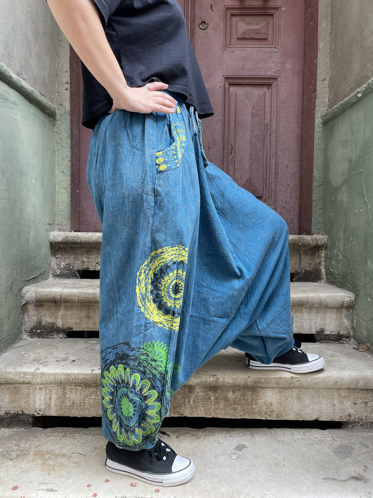 Unisex Nepal Kadın Mandala Desenli Şalvar Pantolon- Mavi