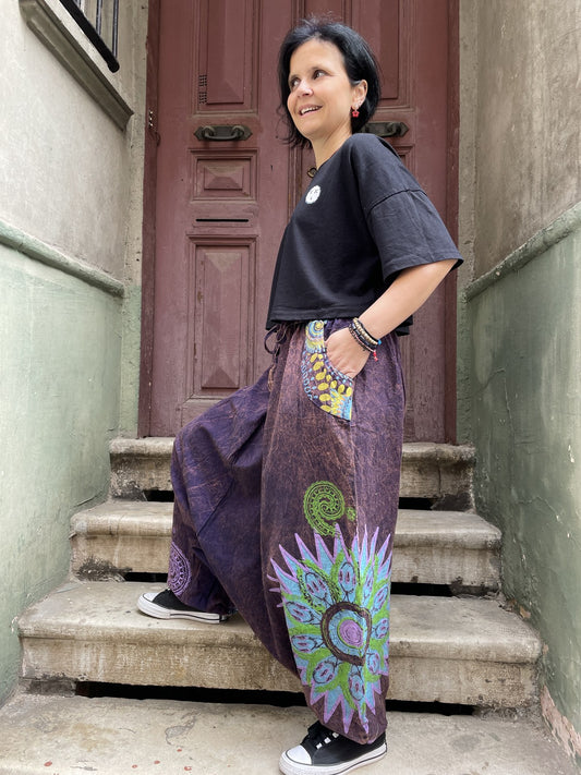Unisex Nepal Kadın Mandala Desenli Şalvar Pantolon- Mor