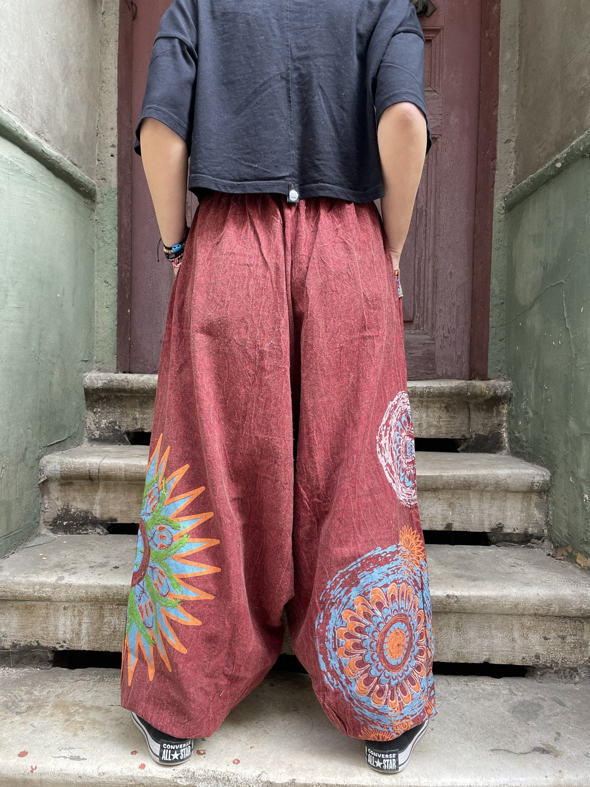 Unisex Nepal Kadın Mandala Desenli Şalvar Pantolon- Bordo