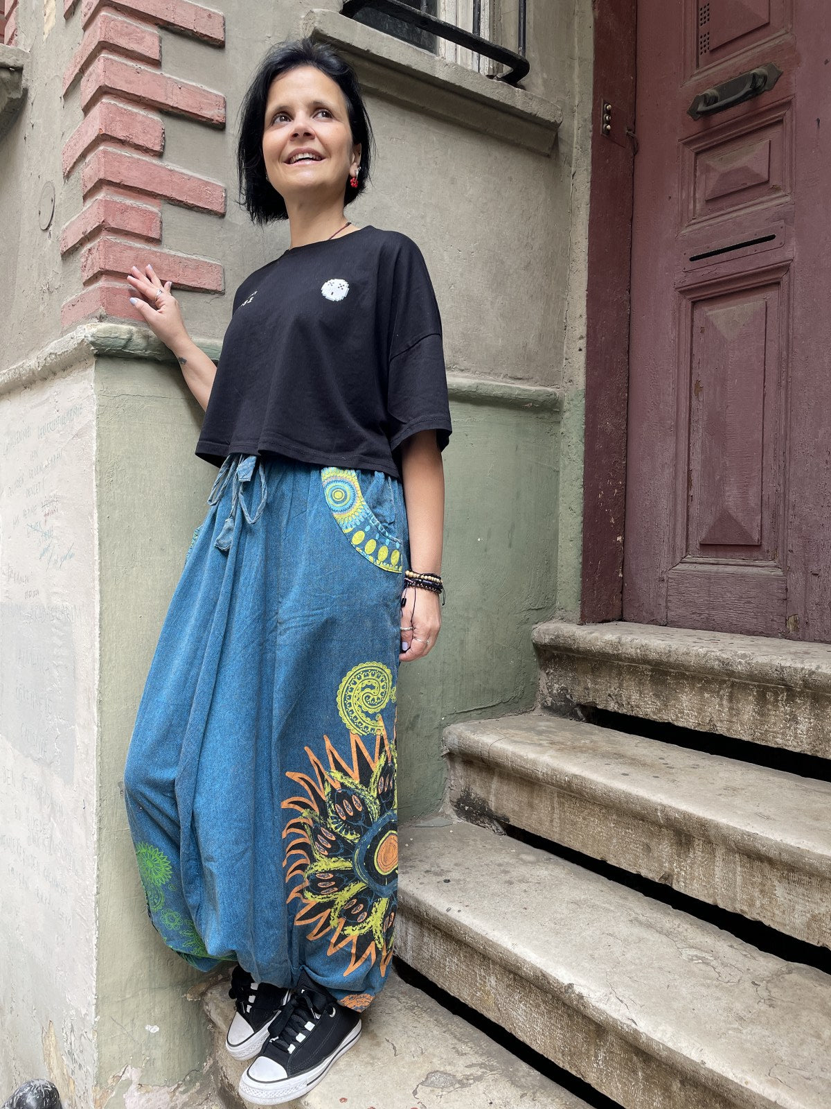 Unisex Nepal Kadın Mandala Desenli Şalvar Pantolon- Mavi