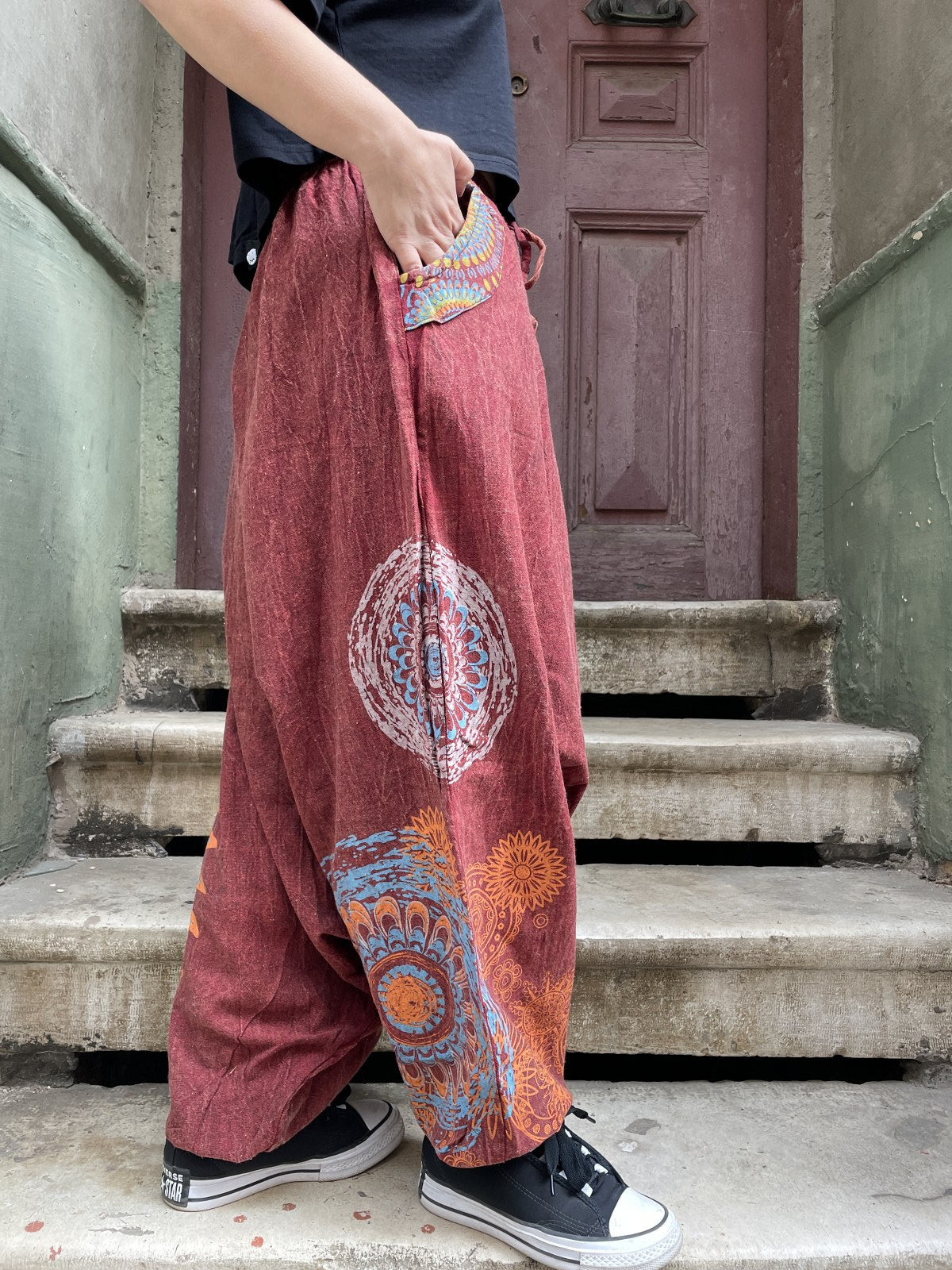 Unisex Nepal Kadın Mandala Desenli Şalvar Pantolon- Bordo