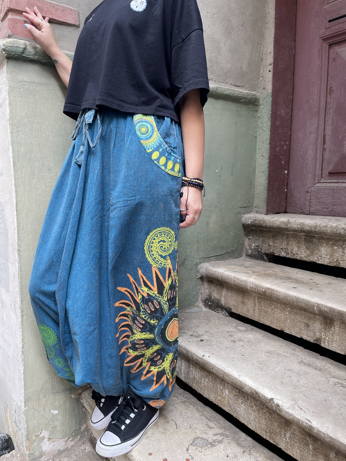 Unisex Nepal Kadın Mandala Desenli Şalvar Pantolon- Mavi