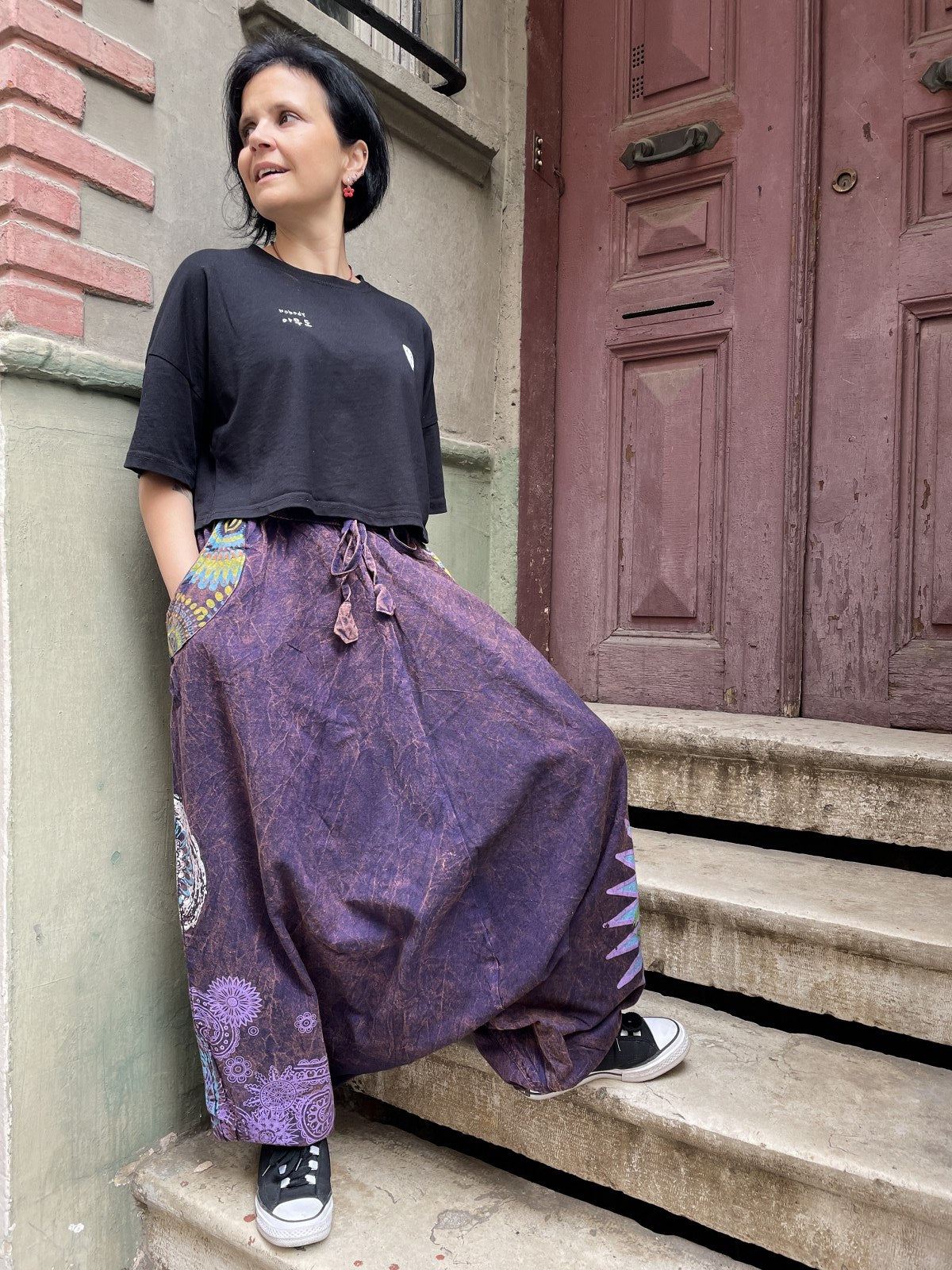 Unisex Nepal Kadın Mandala Desenli Şalvar Pantolon- Mor