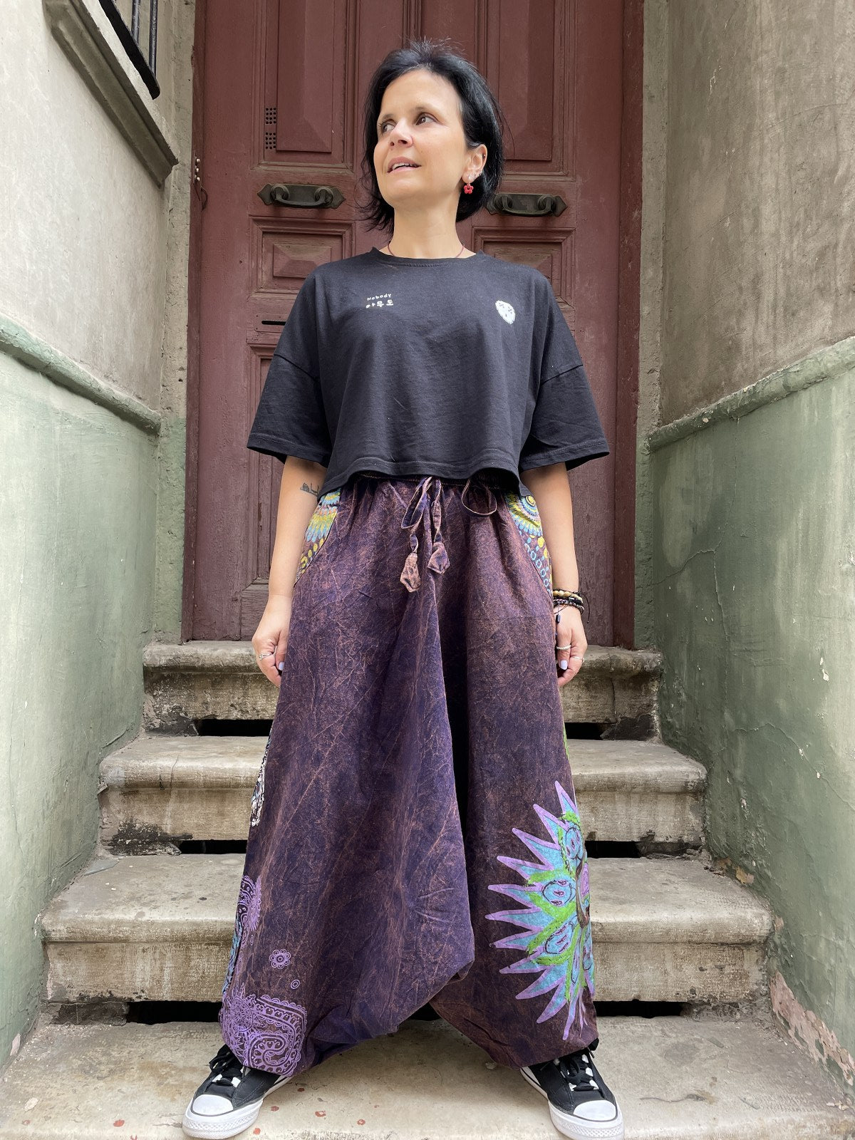 Unisex Nepal Kadın Mandala Desenli Şalvar Pantolon- Mor