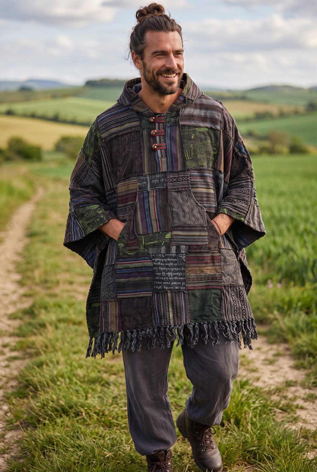 Samori Nepal Patchwork Kapüşonlu Panço – Antrasit Etnik Bohem Unisex Tasarım