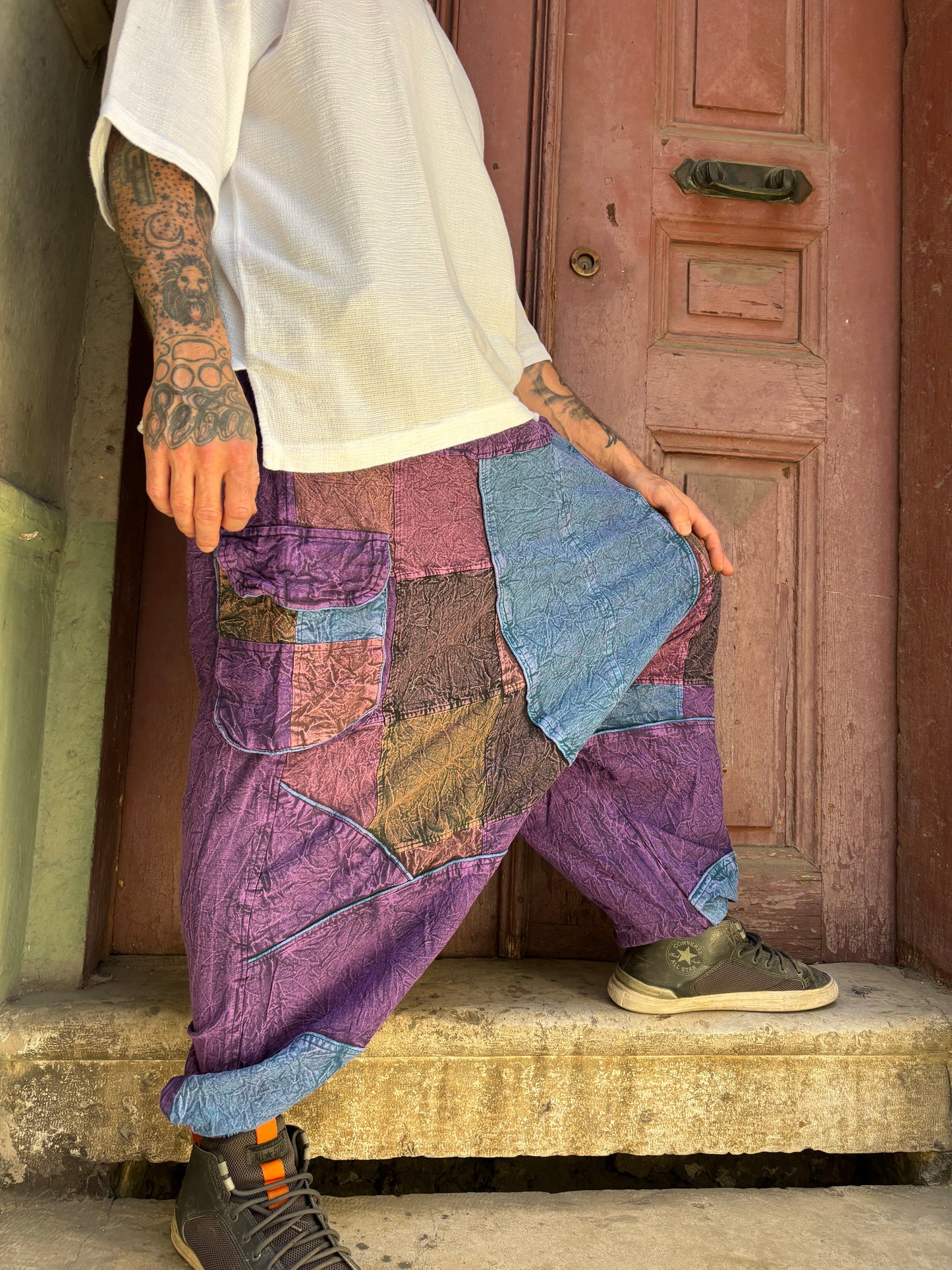 Mevsimlik Nepal Patchwork Taşlanmış Şalvar Pantolon – Unisex, Rahat Tasarım
