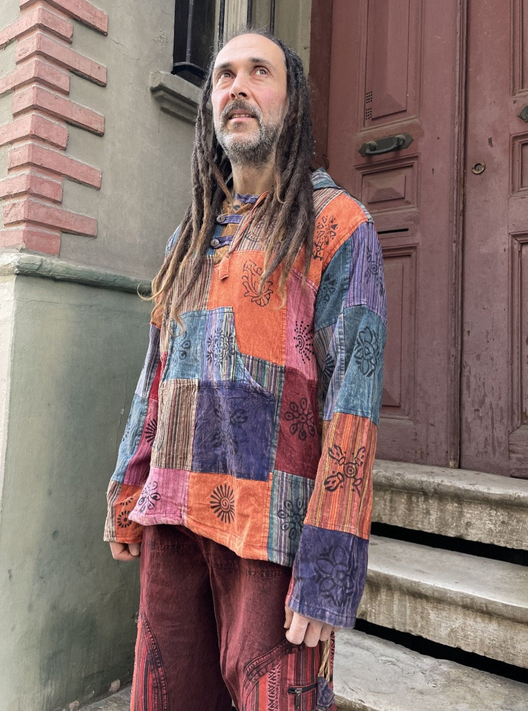 Nepal Patchwork Hardal Bordo Gömlek