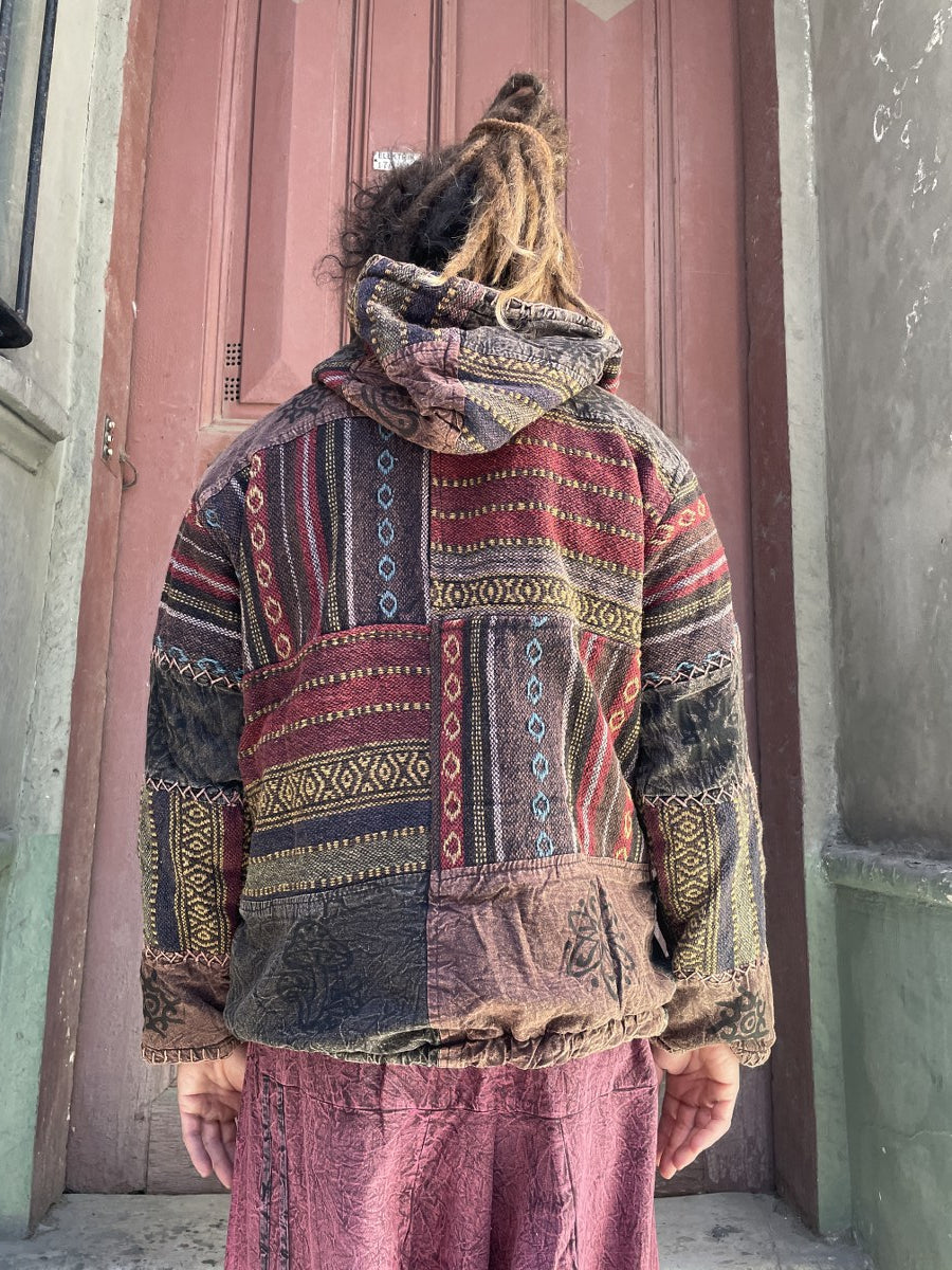 Nepal Kapüşonlu Patchwork İçi Polarlı Mont – Kahve, Unisex, Kışlık, Sıcacık