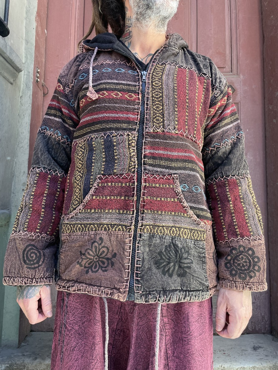 Nepal Kapüşonlu Patchwork İçi Polarlı Mont – Kahve, Unisex, Kışlık, Sıcacık