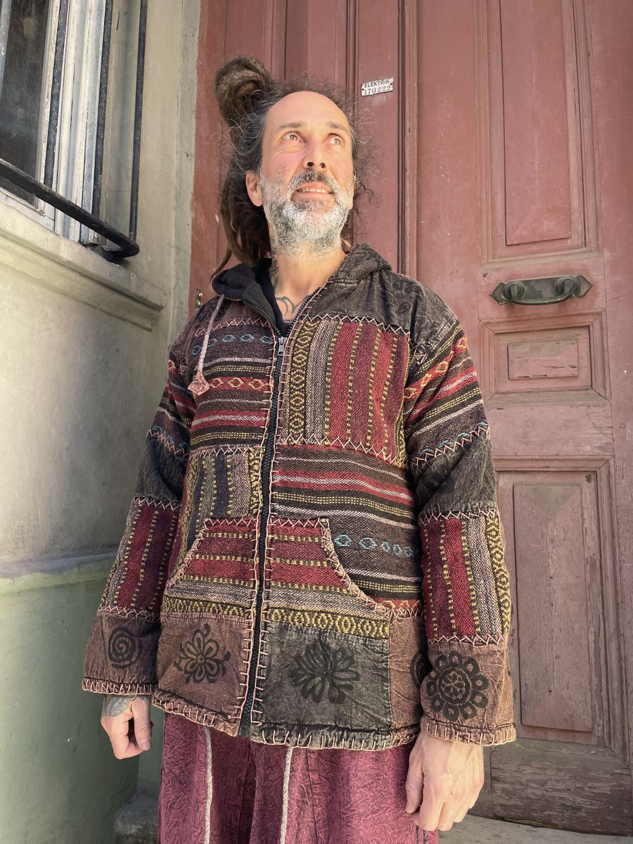 Nepal Kapüşonlu Patchwork İçi Polarlı Mont – Kahve, Unisex, Kışlık, Sıcacık