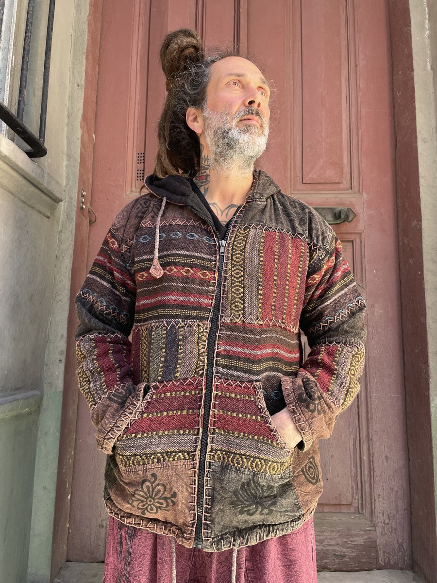Nepal Kapüşonlu Patchwork İçi Polarlı Mont – Kahve, Unisex, Kışlık, Sıcacık