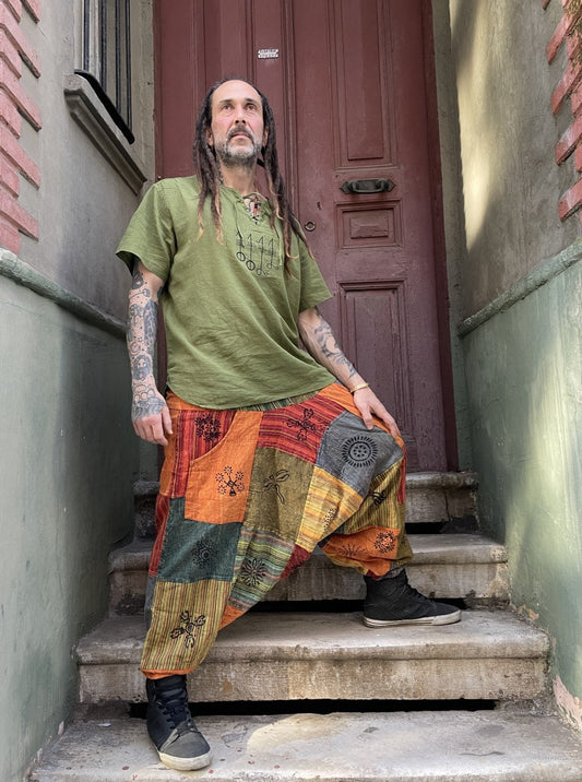 Unisex Nepal Turuncu Renkli Patchwork Festival Şalvar Pantolon