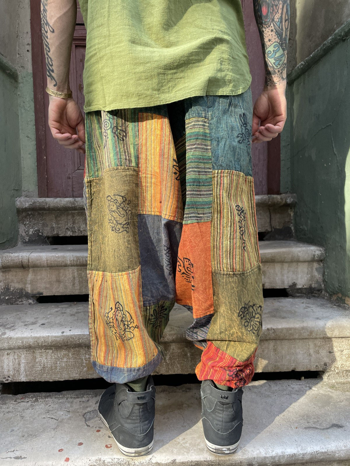 Unisex Nepal Yeşil Renkli Patchwork Festival Şalvar Pantolon