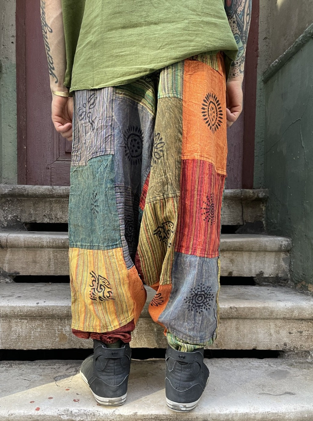 Unisex Nepal Turuncu Renkli Patchwork Festival Şalvar Pantolon