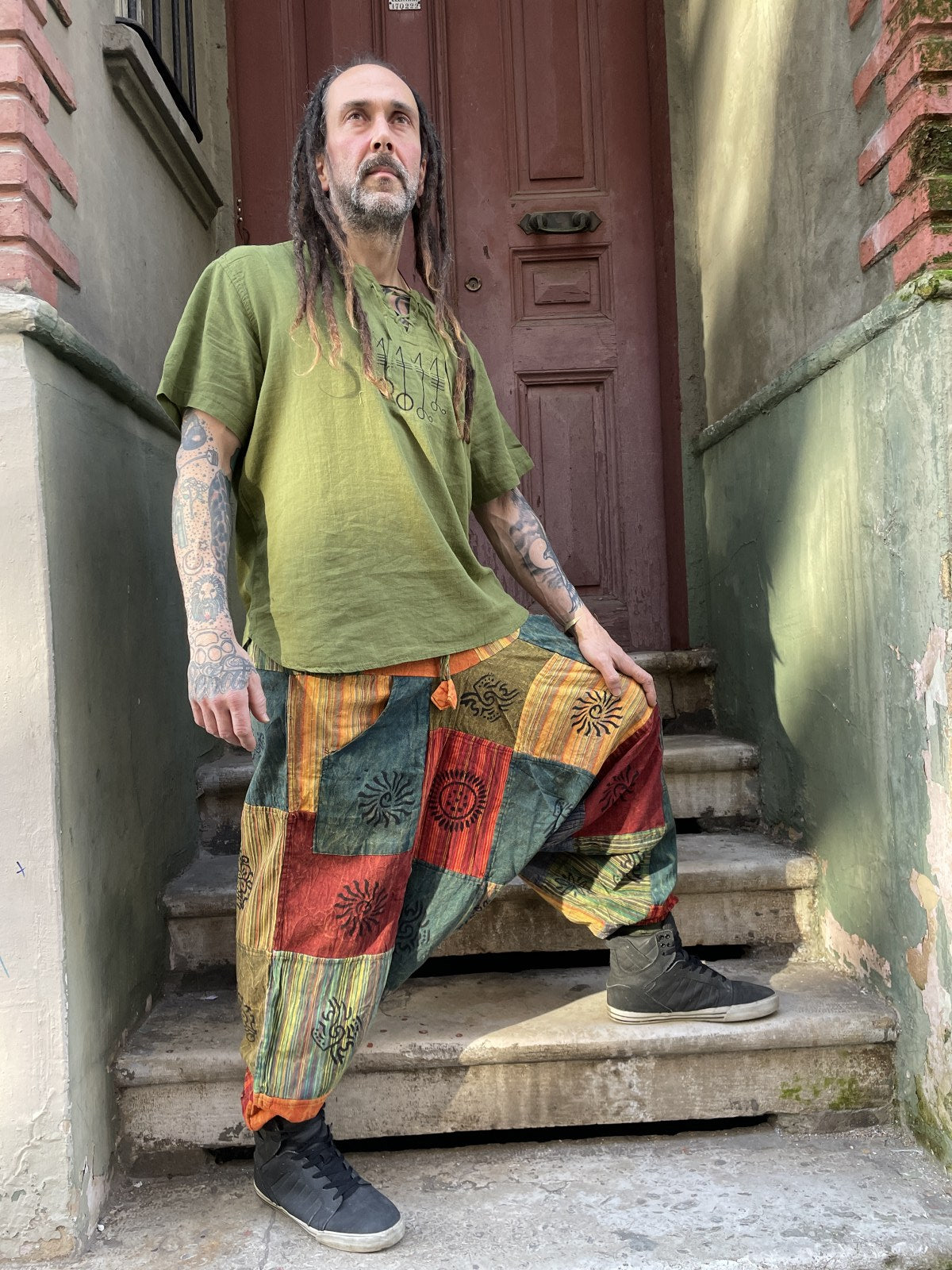 Unisex Nepal Yeşil Renkli Patchwork Festival Şalvar Pantolon