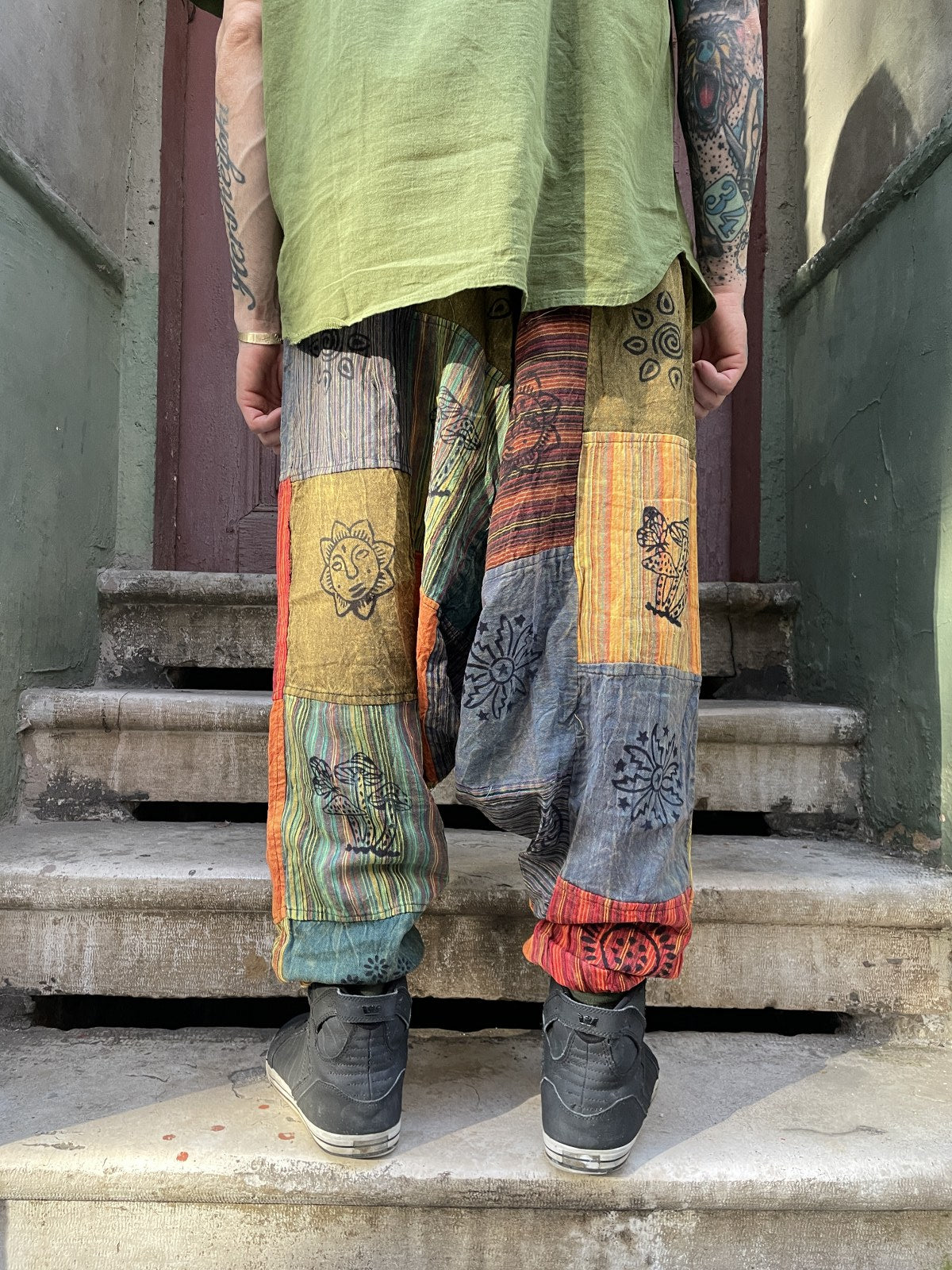 Unisex Nepal Yeşil Renkli Patchwork Festival Şalvar Pantolon