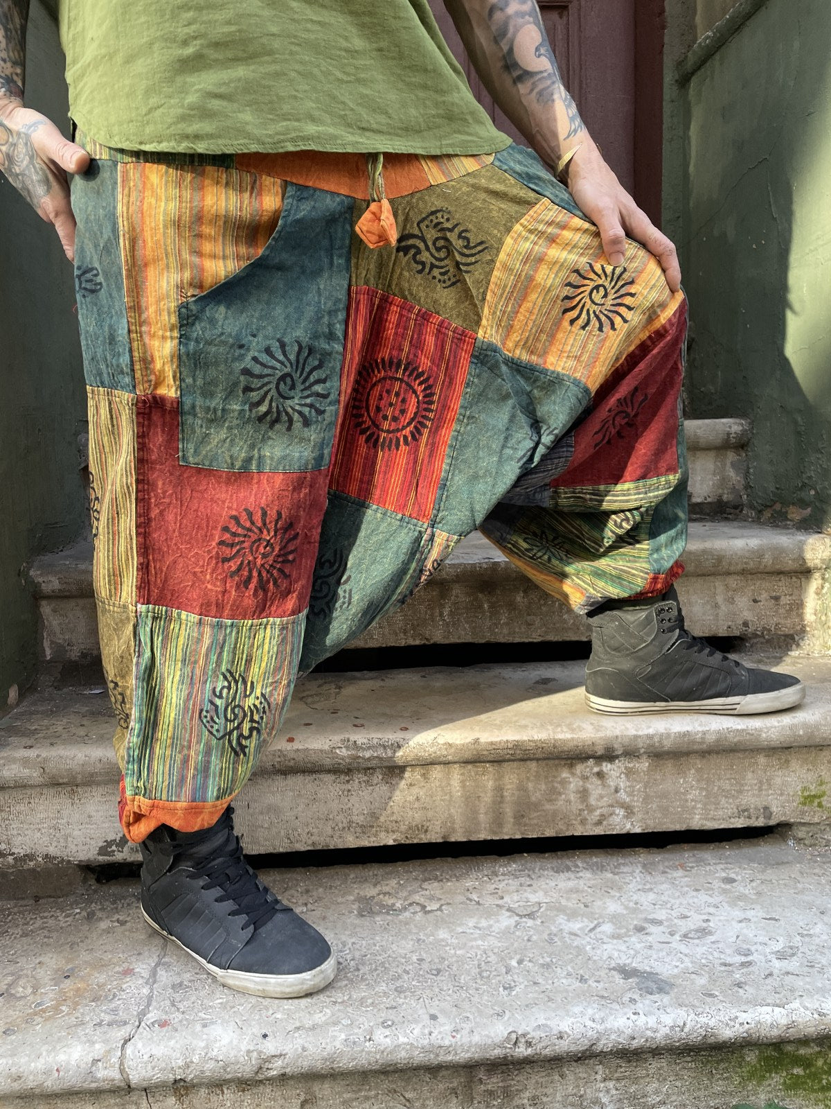 Unisex Nepal Yeşil Renkli Patchwork Festival Şalvar Pantolon