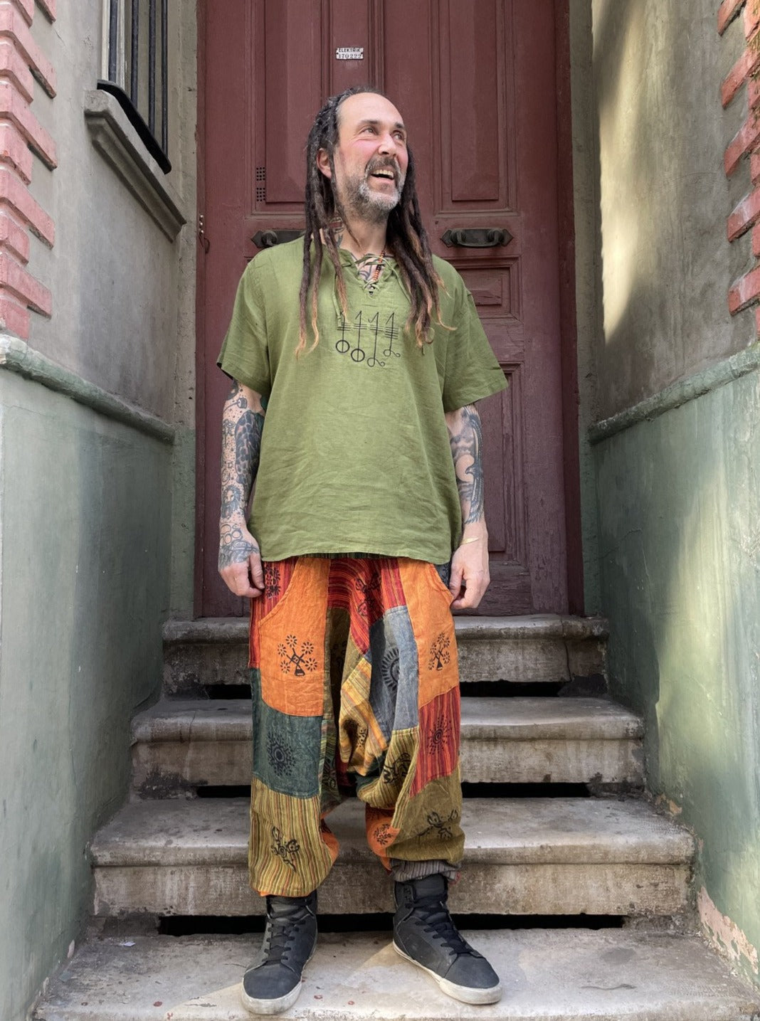 Unisex Nepal Turuncu Renkli Patchwork Festival Şalvar Pantolon