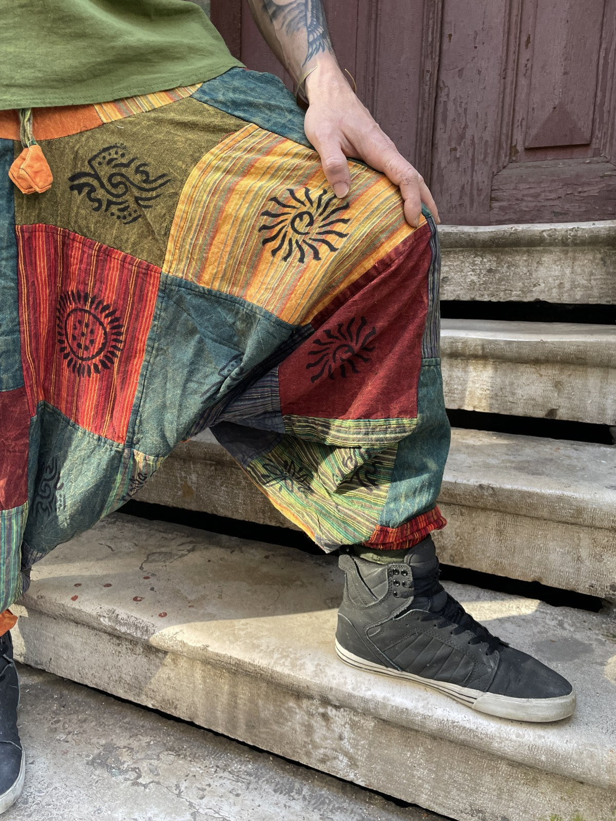 Unisex Nepal Yeşil Renkli Patchwork Festival Şalvar Pantolon