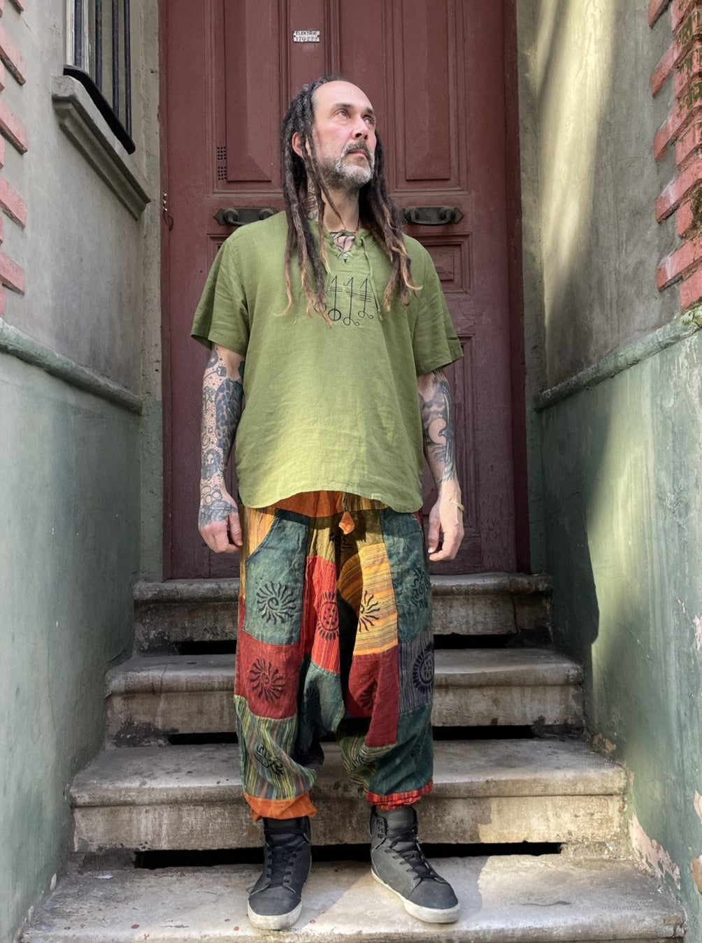 Unisex Nepal Yeşil Renkli Patchwork Festival Şalvar Pantolon