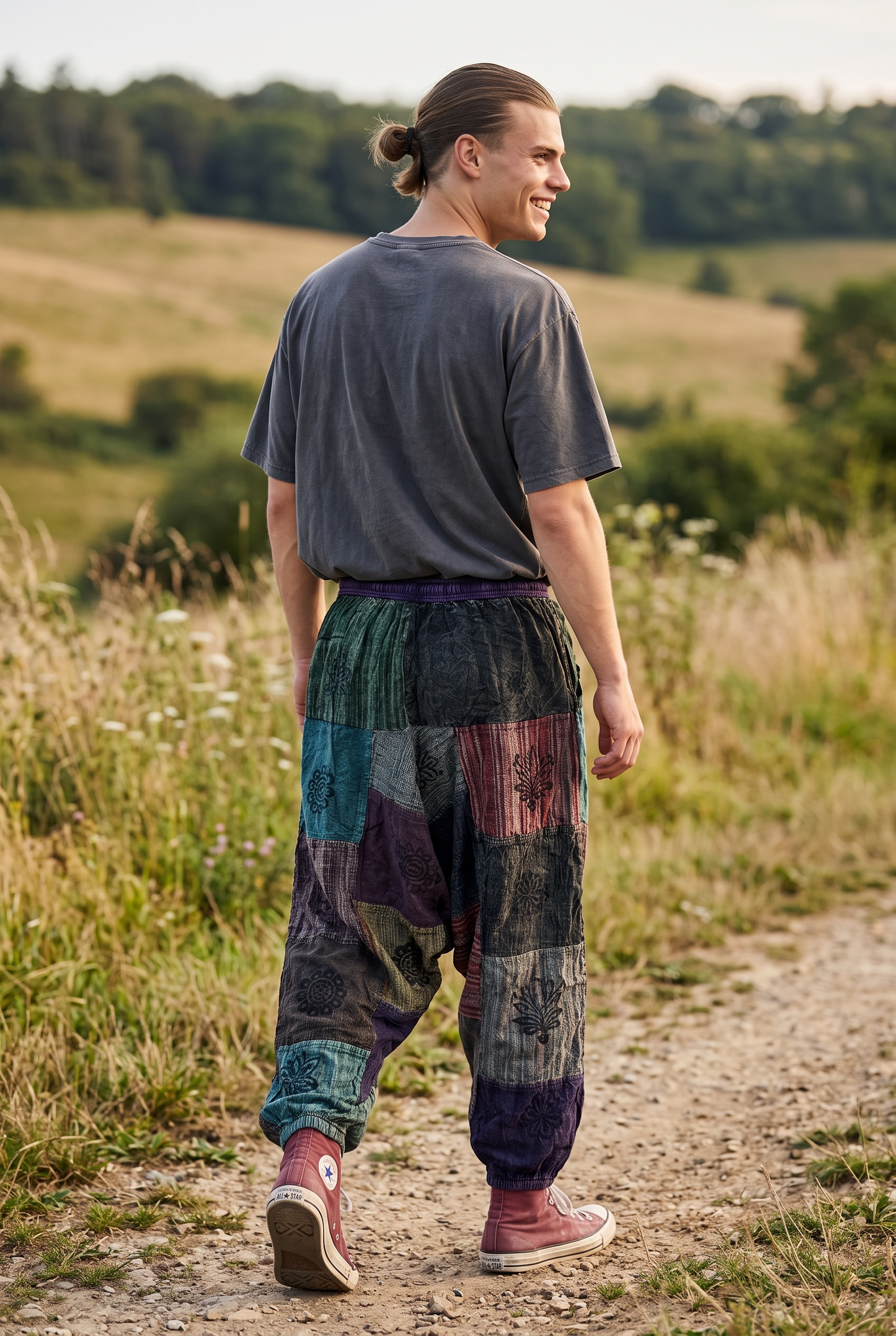 Unisex Nepal Patchwork Şalvar Pantolon – Antrasit Bordo, Salaş Tasarım