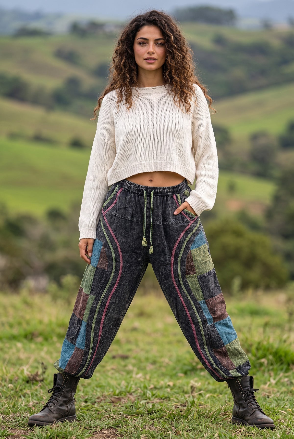 Kadın Bohem Gece Esintisi Nepal Şalvar Pantolon – Antrasit Patchwork