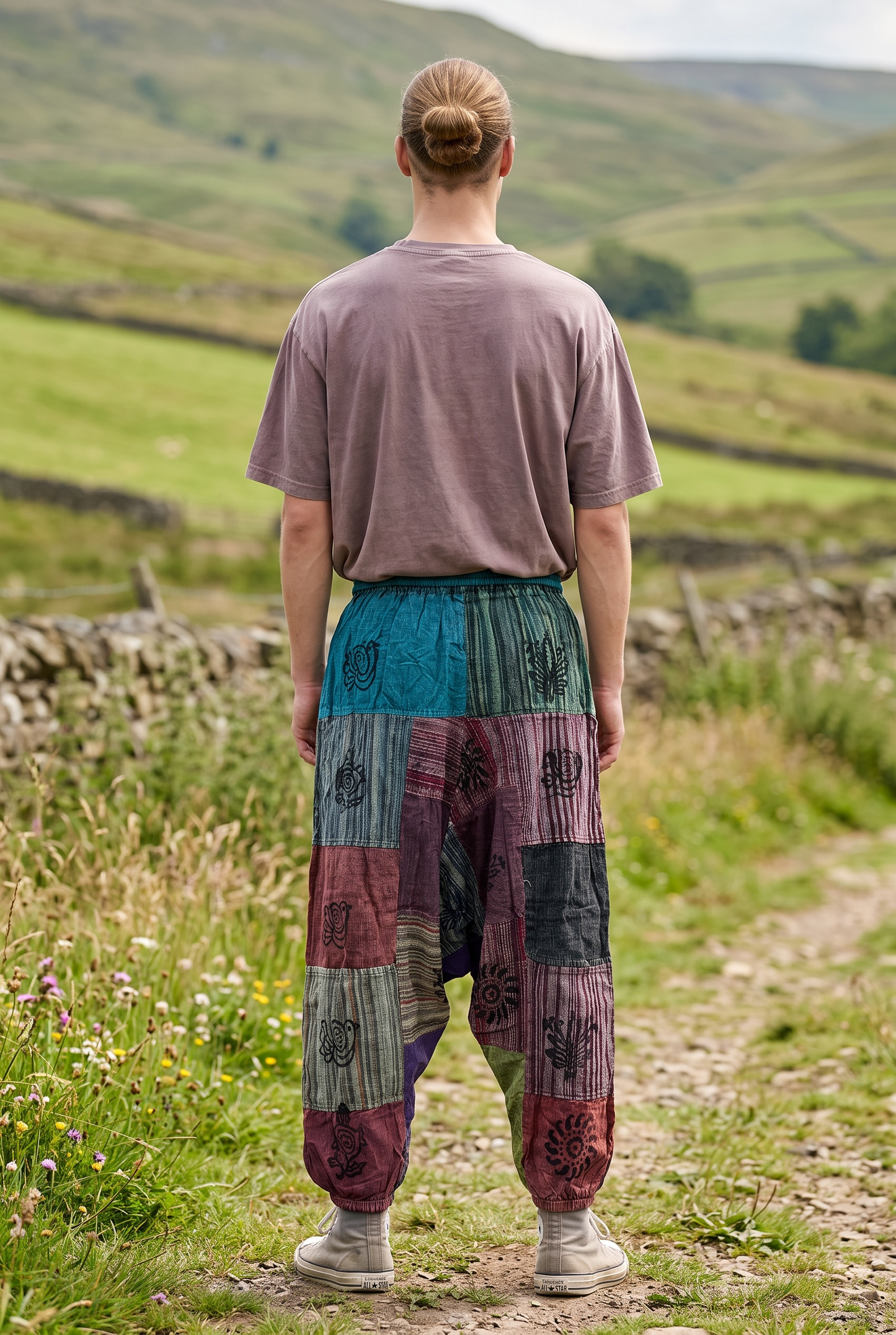 Unisex Nepal Patchwork Şalvar Pantolon – Gri Mavi, Salaş Tasarım