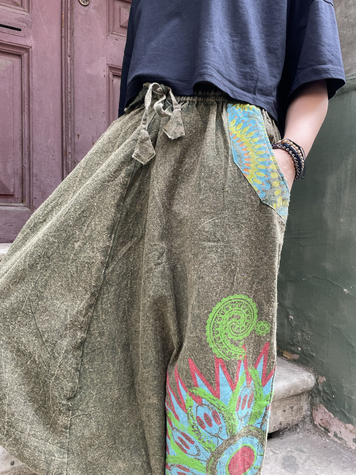 Unisex Nepal Kadın Mandala Desenli Şalvar Pantolon- Haki Yeşil