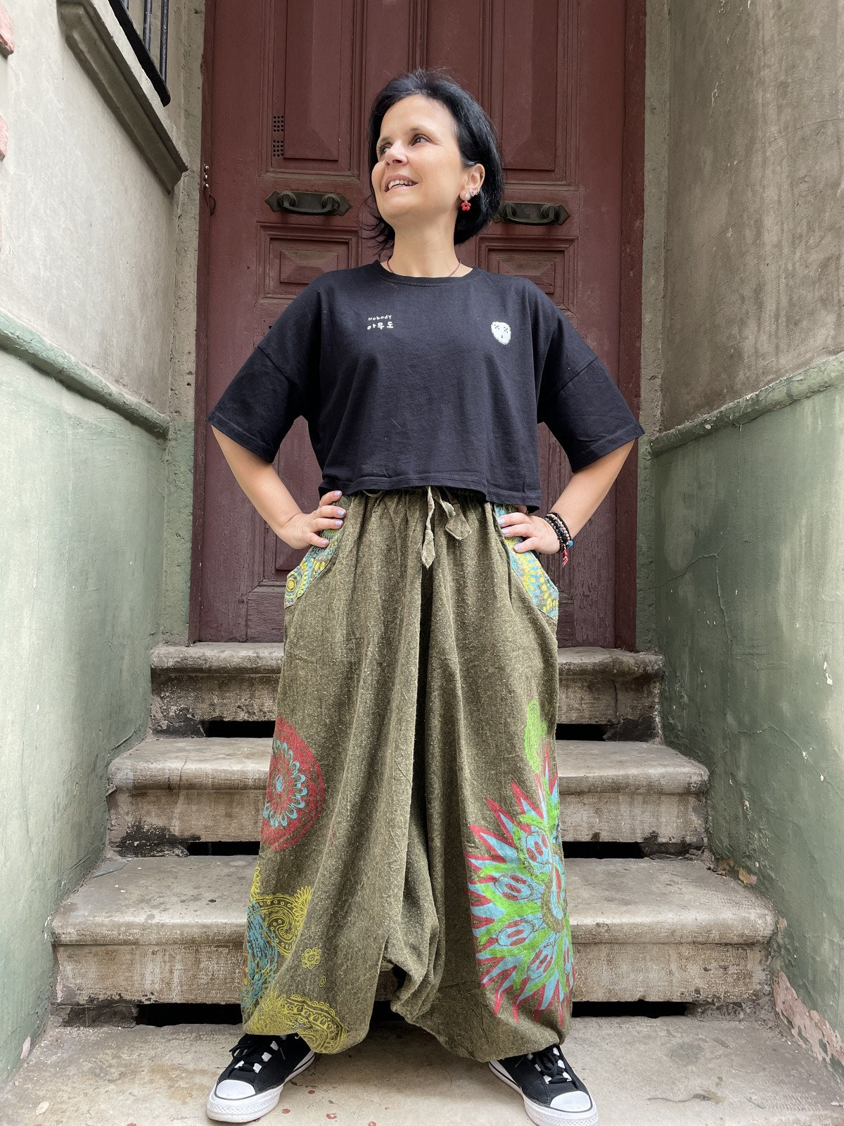 Unisex Nepal Kadın Mandala Desenli Şalvar Pantolon- Haki Yeşil