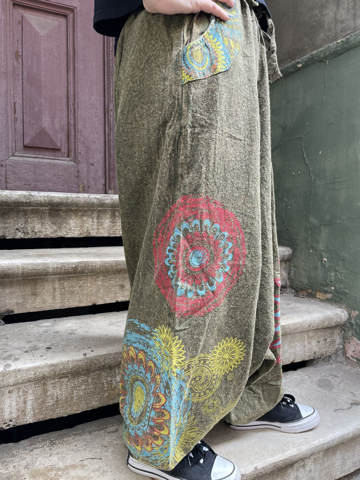 Unisex Nepal Kadın Mandala Desenli Şalvar Pantolon- Haki Yeşil