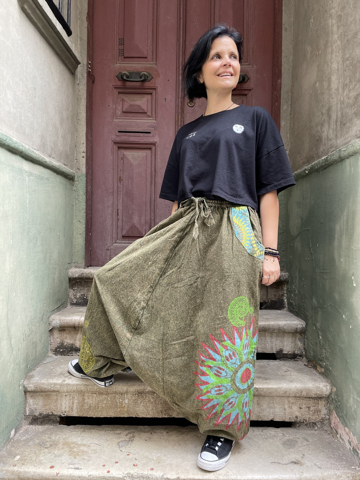 Unisex Nepal Kadın Mandala Desenli Şalvar Pantolon- Haki Yeşil