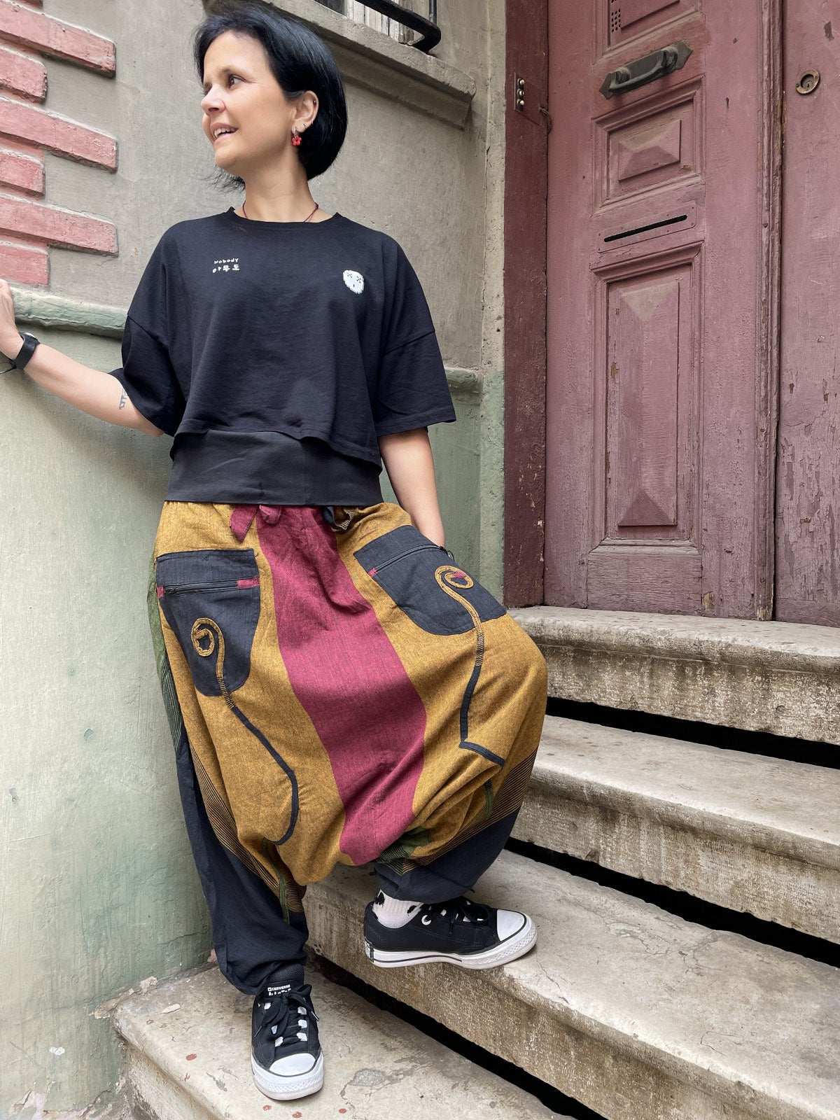 Unisex Renkli Kadın Nepal Şalvar Pantolon – Bordo Siyah