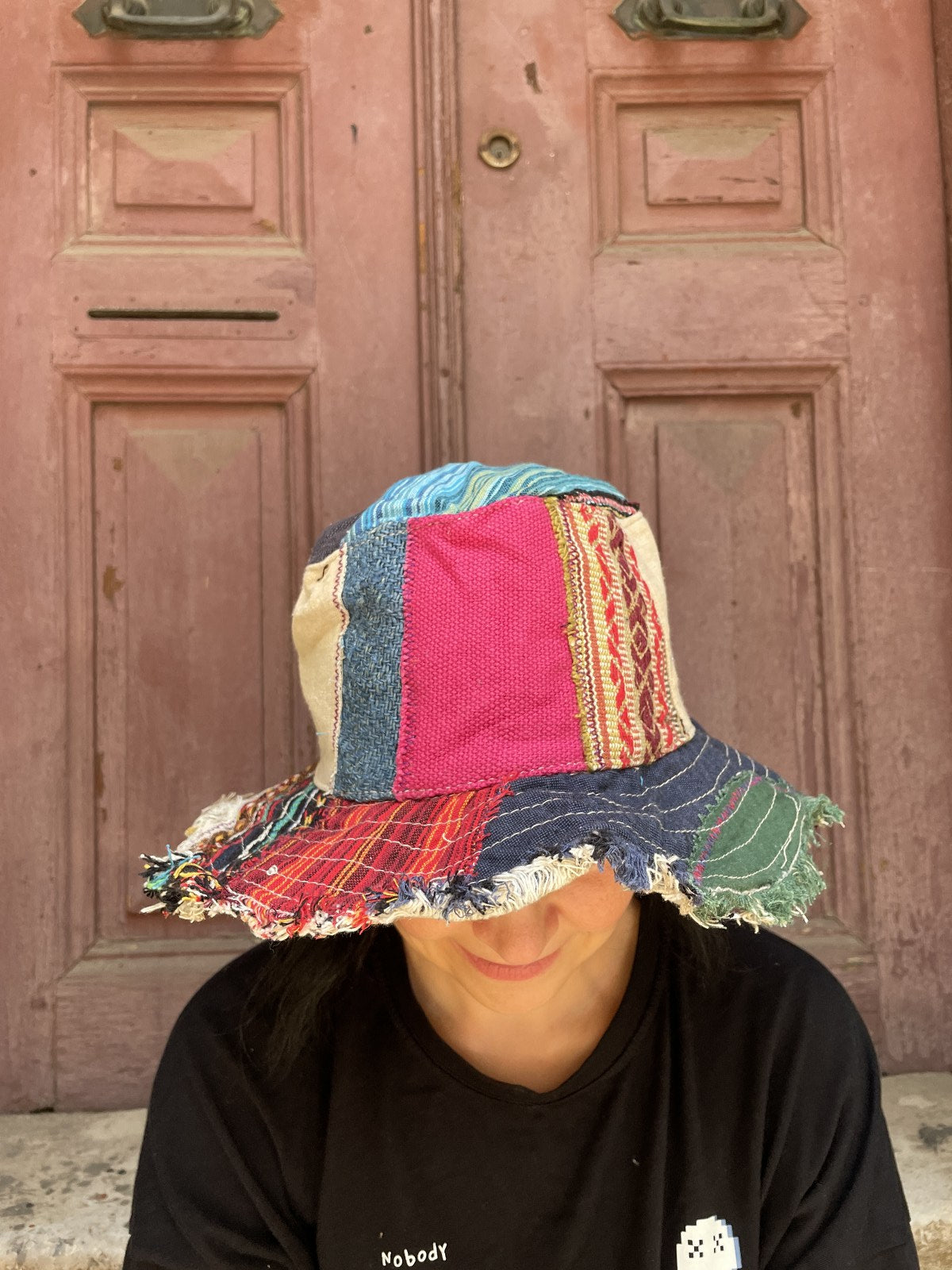 Bohem Unisex Nepal Pure Hemp Pembe Patchwork Şapka