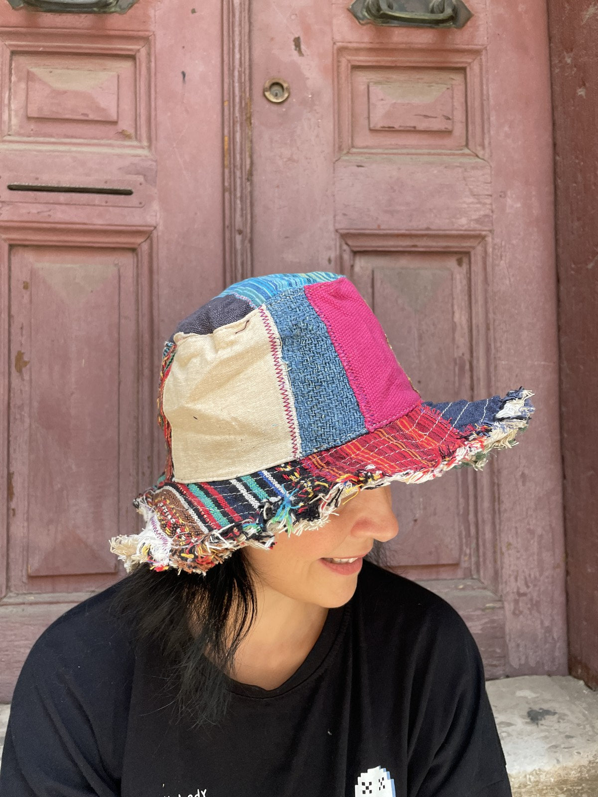 Bohem Unisex Nepal Pure Hemp Pembe Patchwork Şapka