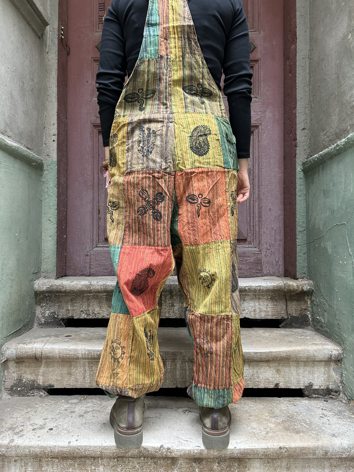 Unisex Bohem Toprak Yeşil Nepal Patchwork Tulum